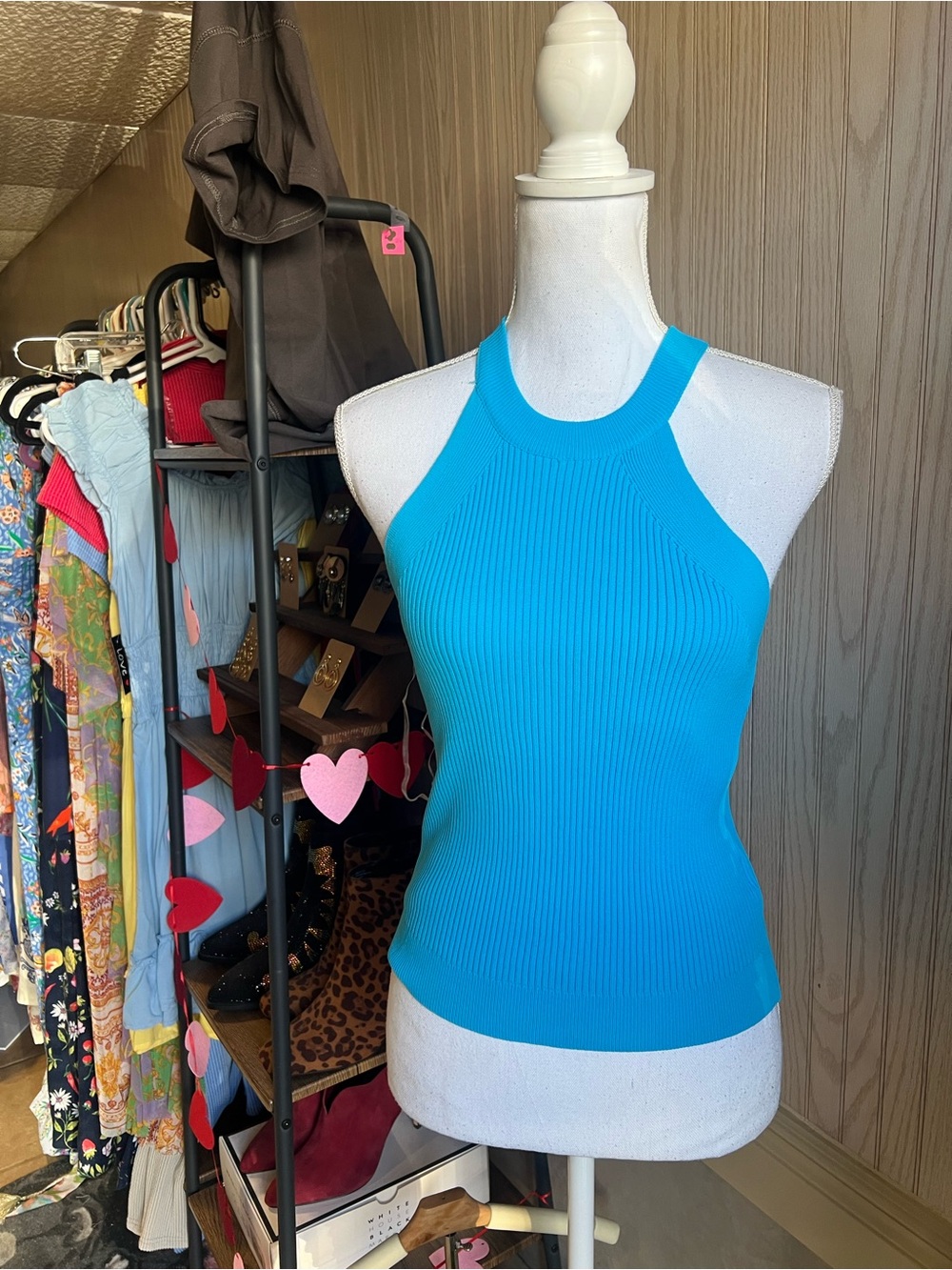 Sleeveless Ribbed Tank Top in Bright Turquoise - Picture 2 of 5